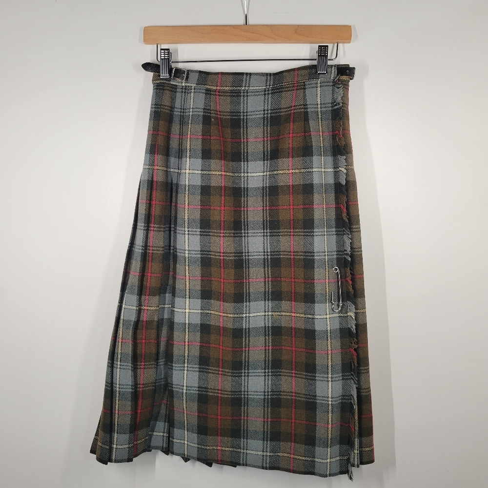 Laird Portch Scotland Gray Brown Wool Tartan Pleated Skirt Leather Strap Sz 12